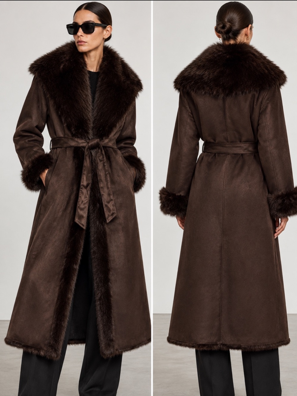 Zara ZW Collection Faux Fur Trim Belted Long Coat Brown Small NWT 3581/240
